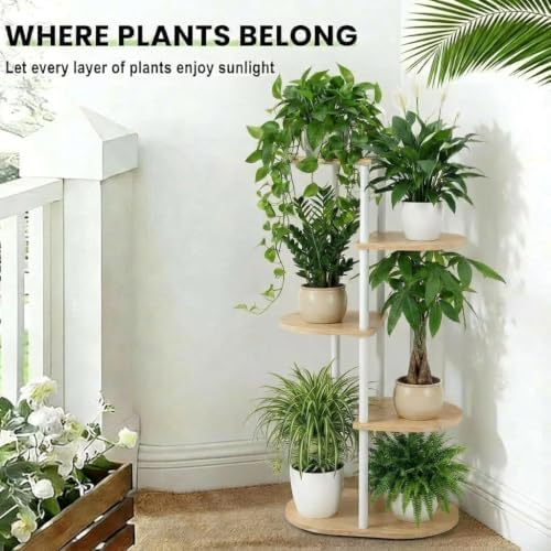 Tiered Plant Stand Indoor, Tall 5 Tier 6 Potted Wooden Plant Shelf for Multiple Flower Plants, Multi Corner Metal Plant Holder Indoor for Patio Garden Patent Design Living Room Balcony Bedroom, White - Image 5