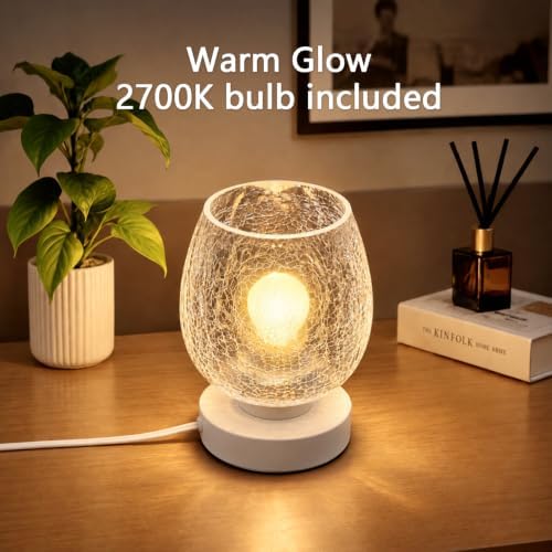 ONEWISH Touch Bedside Table Lamp for Bedroom, 3-Way Dimmable, Crackle Glass Shade, 7.5" Ultra Compact Nightstand Lamp, Warm White 2700K LED Bulb Included, Modern Design(Crack Pattarn) - Image 4
