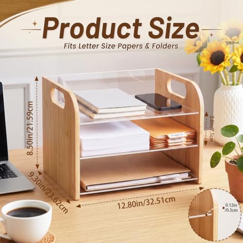 Marsui 3 Tier Desk Paper Organizer, Bamboo & Acrylic Letter Trays Classroom - Image 3