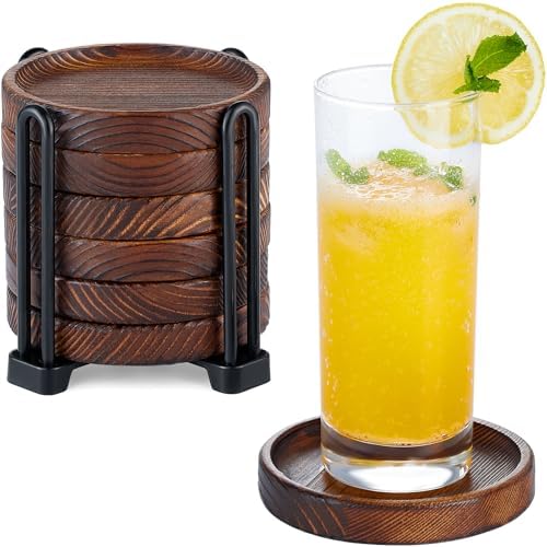 6Pcs Wooden Coasters for Drink-Acacia Wood Drink Coasters Set with Holder by Hanber