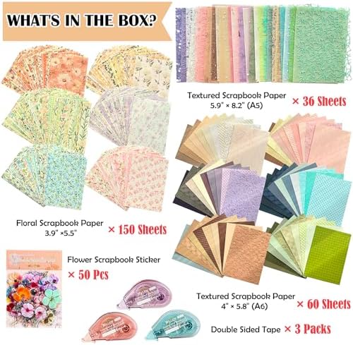 Flartmo Scrapbook Supplies Kit with 246 Sheets Textured & Floral Scrapbook Paper, 50 Pcs Flower Scrapbook Sticker & 3 Rolls Double-Sided Tape for Scrapbooking, Junk Journal, Card Making, Embellishment - Image 2