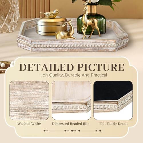 Wooden Decorative Tray, Rustic Serving Tray with Wood Bead, Farmhouse Big Tray for Ottoman, Countertop, Coffee Tabl, 16.5" x 13"x 1.6" (White Washed) - Image 6