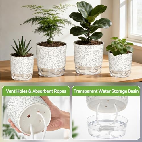 Self Watering Pots for Indoor Plants, 4/5.5 Inch Crackle Pattern Planters with Clear Water Reservoir & Wick System, 4 Pack Plastic Flower Pots for Succulents, Herbs, African Violets - Image 3