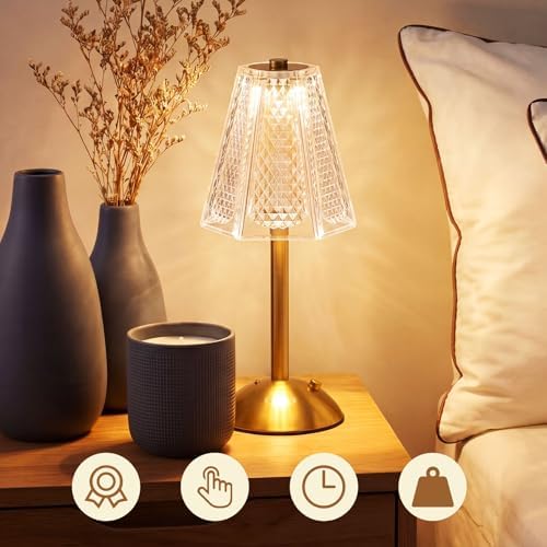 Liliful 2 Pcs Cordless Table Lamp LED Touch, Gold, Hexagonal Diamond Style - Image 5