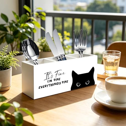 Funny Sarcastic Black Cat Pen Pencil Holder Organizer for Office Desk Accessories, Funny Office Gifts for Coworkers, It's Fine I'm Fine Everything Is Fine Wood Signs for Desk Tabletop Decor - Image 2