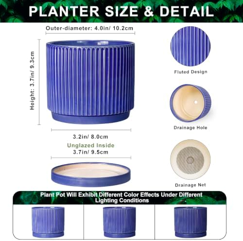 Ceramic Plant Pots 4 Inch, Round Planter with Saucer, Blue - Image 2