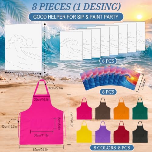 Cholemy 8 Set Paint and Sip Kit for Adults 8'' x 10'' Pre Drawn Canvas with Wooden Easels Acrylic Paint Brushes Wash Cup Palette Apron for Painting DIY Date Night Party Supplies(Sea Wave) - Image 3