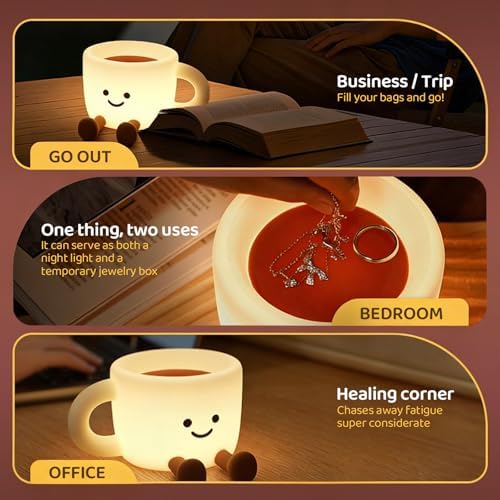 Coffee Cup Night Light, 3 Level Dimmable 30 Timer 7 Colors Nightlight Cute Lamps Silicone Squishy Light USB Rechargeable Bedside Touch Lamp for Baby Desk Dorm Decor Birthday Gift - Image 6