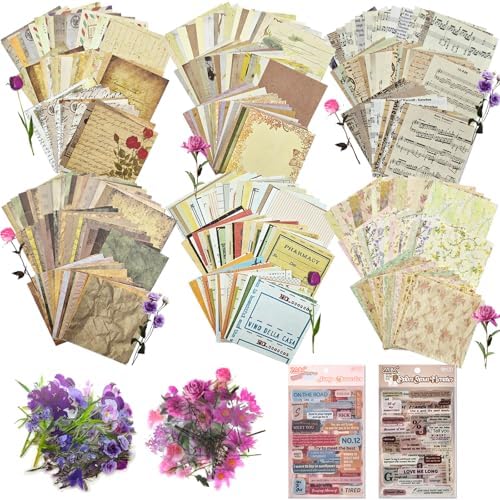 Naszonus 699 Pcs Vintage Scrapbook Paper Kit, Scrapbook Paper Supplies with Flowers Stickers, Journaling Decorative CraftPaper Set for Junk Journal, Retro Crafts by Naszonus