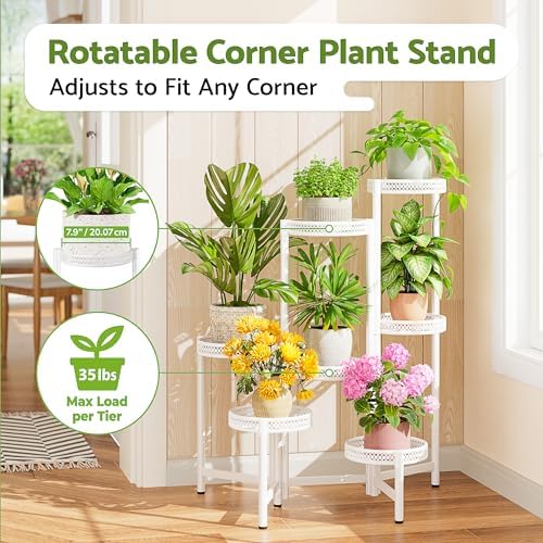 7 Tier Plant Stand Indoor Outdoor, Corner Tiered Plant Stands, Planter Display Rack for Multiple Plants, Wrought Iron Flower Stand, Folding Tall Plant Rack Shelf for House Patio Garden - WhiteWave - Image 2