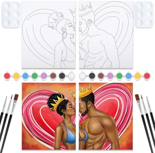 Paint and Sip Kit for Adults Date Night Painting for Couples Pre Drawn Canvas to Paint Art Party Set Afro Couple 2 Pack Valentine King and Queen 8 x10 in by VOCHIC