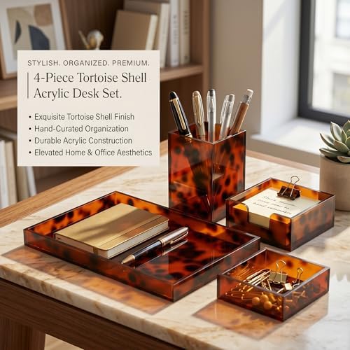 4 Pcs Aesthetic Desk Organizer Set Desk Tray, Pen Holder, Paperclip Storage and Sticky Note Holder Tortoiseshell Office Desktop Decor Accessories for Women or Men - Image 6