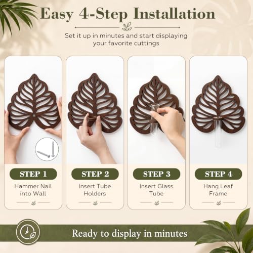Junkin 4 Sets Wooden Monstera Leaf Wall Mount, Leaf Shaped Hanging Wall Planter Terrarium Propagation Stations for Plants with 4 Glass Tubes for Indoor Cuttings, Vines Houseplant Home Office Decor - Image 6