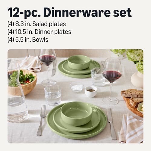 Amazon Basics Glazed Stoneware Dinnerware, 12-Piece Set, 4 Full Place Settings, Microwave and Dishwasher-Safe, Olive - Image 2