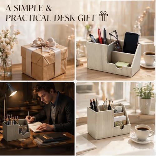 Desk Organizer Pen Holder, Aesthetic Striped White Small Organizer, Multi Slot Pencil Holder For Desk Office Desktop Stationery & Remote control Storage - Image 6