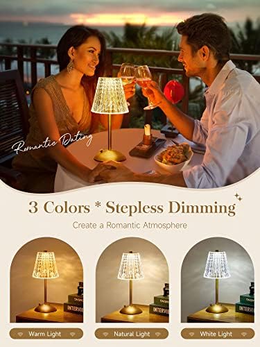 【3200mAh】Brass Table Lamp, 3 Colors+Dimmable+Touch Crystal Lamp LED Gold Lamp, Mood Lighting Mood Light, Brass Decor for Bedroom/Bathroom/Kitchen/Dinner/Bar/Entryway/Buffet, Traditional Home Decor - Image 3