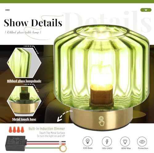 small Table Lamp touch Table lamp Mid Century Modern Table lamp Gold Desk lamp nightstand lamp Mini Glass Table lamps with Green shade Bedside Table light for end table Bedroom Living Room Office - Image 4