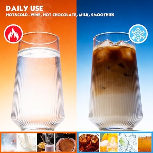 Greentainer Borosilicate Drinking Glasses Set of 6, 16 oz Clear Ribbed Highball Tumblers, Tall Glass Water Cups for Cocktail, Mojito & Long Drink, Dishwasher Safe Kitchen Drinkware & Bar Glassware - Image 6
