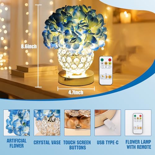 3 Color Artificial Blue Hydrangea Flower Lamp Night Light Desk Lamp for Bedroom Bar Coffee Shop Living Room Decor, Ideal Gifts for Women Mom Wife Friend Birthday Christmas Mothers Valentines Day - Image 2