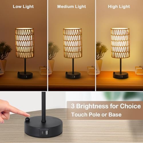 Touch Table Lamp Set of 2 For Bedroom with Bulb, Boho Small Desk Lamp For Living Room With Rattan & Linen Shade, 3 Way Dimmable Bedside Table Lamp For Nightstand With USB Charging Port & Phone Stand - Image 4