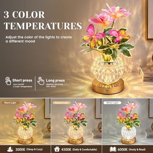 Flower Table Lamp, 3 Colors Touch Stepless Dimming Orchid Night Light, Rechargeable Artificial Flower Light, LED Flower with Vase Lamp Romantic Decor for Date Party Home (Pink - Cymbidium) - Image 3