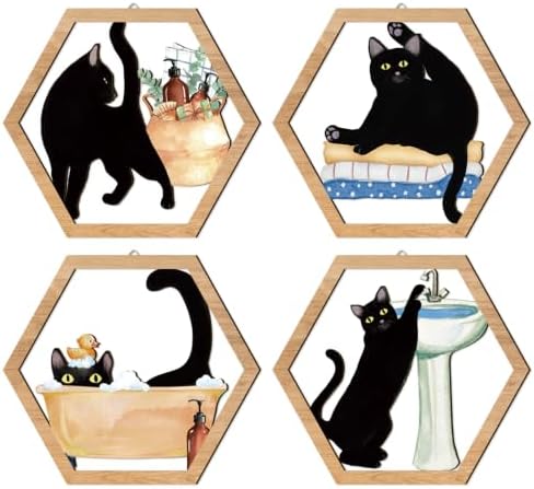 HPNIUB Funny Bathrooms Wall Decor, Black Cats In the Bath Wood Sign, 4 Pieces Farmhouse Wooden Hanging Sign for Toilet Powder Room Restroom Wall Decoration, Lovely Cat Gifts(11''x9.8'') by HPNIUB