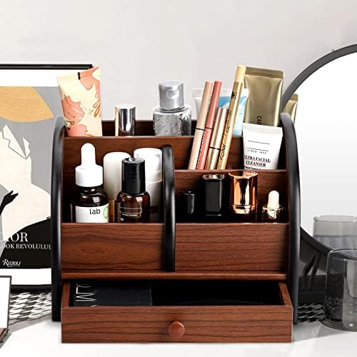 Foraineam Wooden Desk Organizer with Drawer, Remote Control Holder Caddy, Makeup Organizers, Wood Pencil Holder Desktop Supplies and Stationery Rack for Home Office School Tabletop Accessories Storage - Image 4