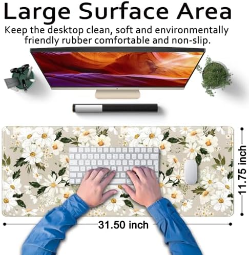 Daisy Floral Daisies Large Mouse Pad Watercolor Flowers Desk Mat, Washable Mousepad LYC Cloth Stitched Edges Women Girls Gaming Mousepad Computer Pc Laptop Desk Mat 31.5 X 11.8 in - Image 6