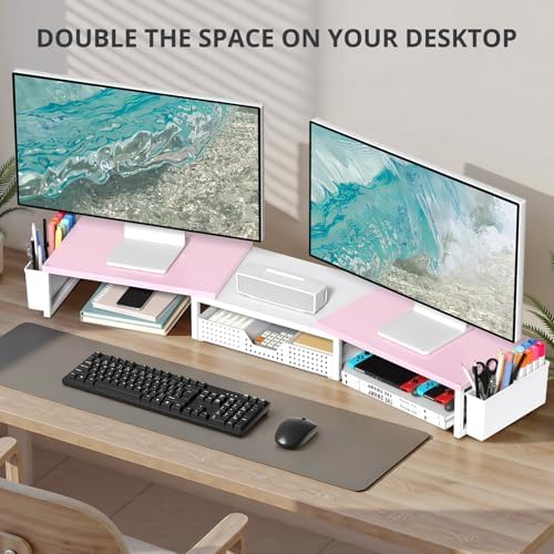 OPNICE Desk Organizers and Accessories, Dual Monitor Stand Riser with Drawer and 2 Pen Holders, Desk Shelf Printer Stand for Office Workspace Organizers, Desktop Organization (Pink-White) - Image 4