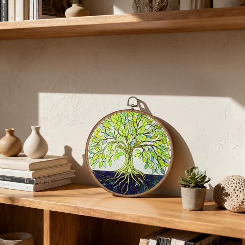 OFJE Tree of Life Wall Art Decor, Green Leaves Tree Nature Landscape Round Wall Hanging Decor, Modern Inspired Framed Canvas Prints for Farmhouse Home Bedroom Living Room Decorations, 10x10 Inch - Image 4
