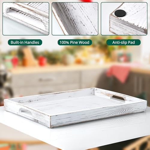 17 Inch Rustic White Serving Tray with Handles - Large Wooden Tray for Ottoman, Breakfast in Bed, Dinner, Coffee Table - Decorative Rectangular Tray for Living Room Bedroom Entryway and Kitchen Decor - Image 4