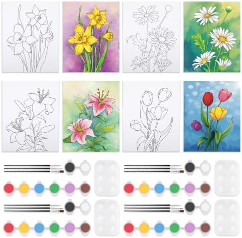 4 Pack Sip and Paint Kit, Pre Drawn Canvas for Painting for Adults Pre Printed Canvas to Paint Party Supplies Girls Night Games Date Night Art Set Flower Theme 12x16 in by VOCHIC