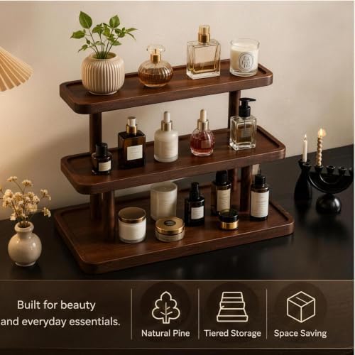 3-Tier Wooden Makeup Organizer, Perfume Stand Organizer with Raised Edge Tray, Multi Layer Wooden Display Storage Stand for Vanity Table Home Decor - Image 3