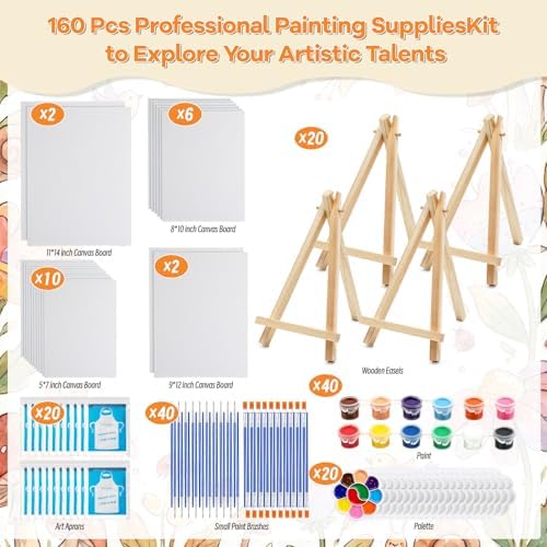 Engrowtic 160 Pcs 20 Set Paint and Sip Kit for Adult Include Blank Mini Canvas Boards Wooden Easels Painting Strips Brushes Palettes Disposable Aprons for Party Paint and Sip Date Night Kits - Image 2