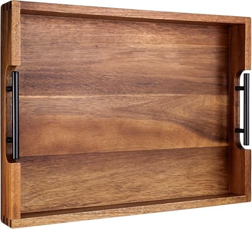 Joy&Grace Acacia Wood Ottoman Tray with Handles 16.7" x 12.8" by JoyGrace