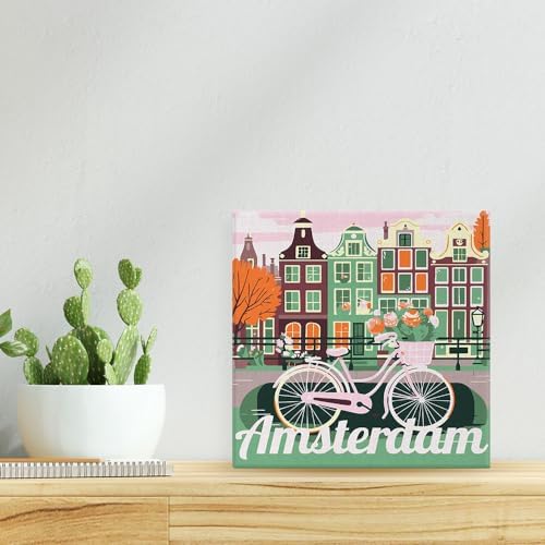 Figured'Art Mini Paint by Numbers Kit for Adults with Frame Travel Poster Amsterdam Small Format 8"x8" - Craft Art Painting DIY Canvas Already Stretched on a Wooden Frame - Image 2