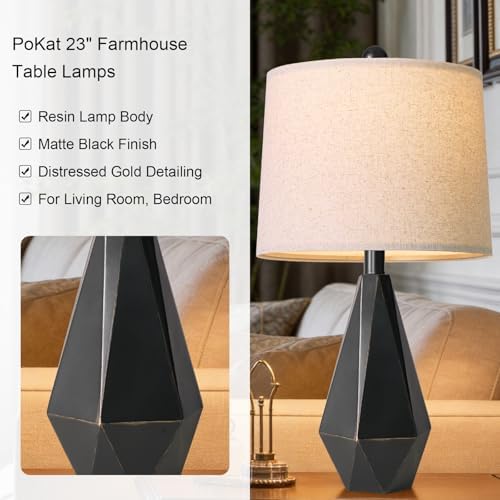 PoKat Table Lamps Set of 2 for Bedroom, 23.5'' High Farmhouse Nightstand Lamps for Living Room, Modern Bedside Lamps with Linen Shade for Office Sideboard Hallway Gift (Matte Black) - Image 5