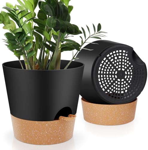 YNNICO 10-Inch Plant Pots, Self-Watering Planters with Drainage Holes & Saucers for Indoor and Outdoor Plants (2-Pack, Black) by AFamilyofGardenLovers