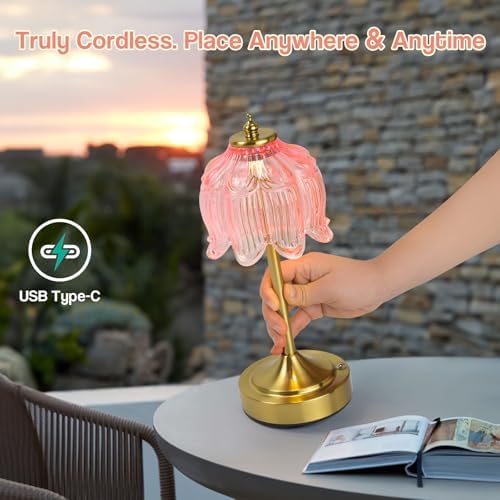 Cordless Table Lamp, Rechargeable Pink Glass Lotus Flower Lamp - Image 2