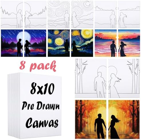 8 Pack Pre Drawn Canvas to Paint for Adults Sip and Paint Kit Party Supplies Art Painting Set Date Night Games for Couples Girls Artist Beginner 4 Themes (8x10) by VOCHIC