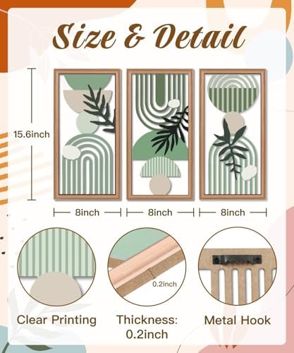 Putuo Decor Boho Wall Art Set of 3, Green Botanical Wooden Wall Decor, Abstract Aesthetic Room Decorations, Mid-Century Modern Artwork for Living Room, Bedroom, Office Green 16.5 x 8.6 inch - Image 2