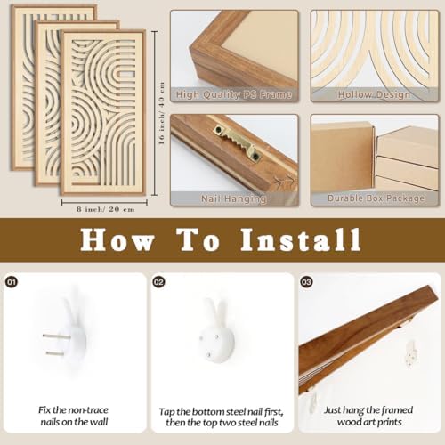 IARTTOP Boho Wooden Framed Wall Art Set of 3 Mid-Century Modern Wood Wall Decor Minimalist Natural Bohemian Home Decor for Living Room Dining Room Office - Image 2