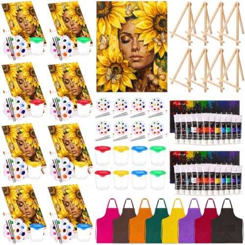 Cholemy 8 Set Paint and Sip Kit for Adults 8'' x 10'' Pre Drawn Canvas with Wooden Easels Acrylic Paint Brushes Wash Cup Palette Apron for Painting DIY Date Night Party Supplies(Sunflower Woman) by Cholemy