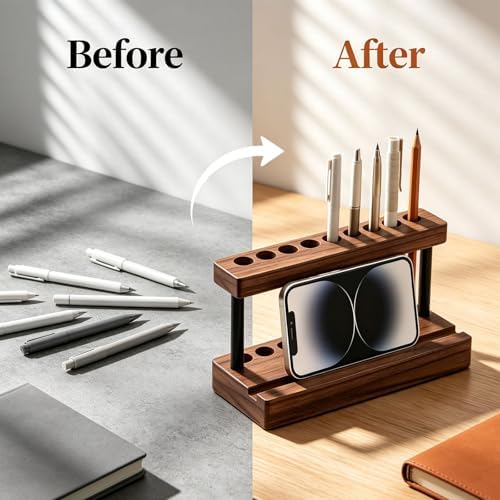 Pencil & Pen Holder for Desk, Solid Walnut Pen Display Stand with 9 Slots and Cell Phone Holder, Aesthetic Pen Organizer for Minimalist Office Desk Decor - Image 3