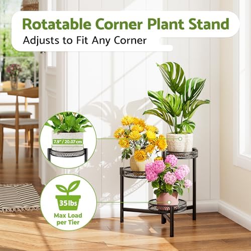 3 Tier Metal Plant Stand Indoor Outdoor, Corner Tall Plant Shelf for Multiple Plants, Foldable Heavy Duty Plant Holder, Decoration Flower Pot Stand for Patio Living Room Balcony Garden - BlackFlower - Image 2