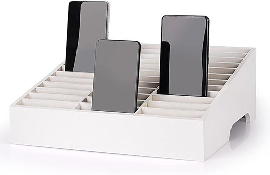 36-Grid Wooden Cell Phone Holder Desktop Organizer Storage Box for Classroom Office (White 36-Grid)