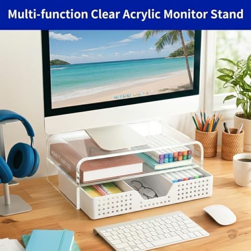 OPNICE Desk Organizer and Accessories, 2-Tier Computer Monitor Stand Riser with Drawer and 2 Pen Holders, Laptop Stand, Office Desk Accessories for Office Supplies, Transparent - Image 4