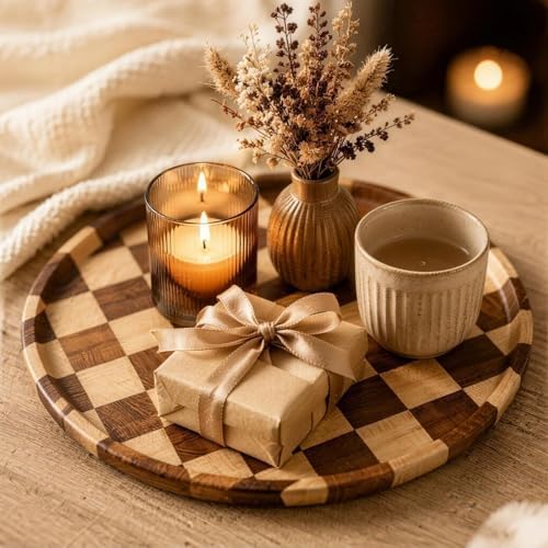 11 Inch Checkered Tray Round Wooden Trays for Decor, Acacia Wood Decorative Plate for Coffee Table, Kitchen Counter, Bathroom Vanity, Candle Holder & Table Centerpiece - Image 7