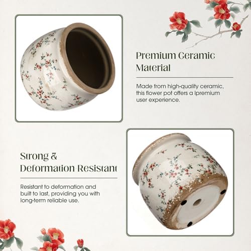 Vintage Planter Large Ceramic Plants Pot Beige Red Floral Pot - Image 3