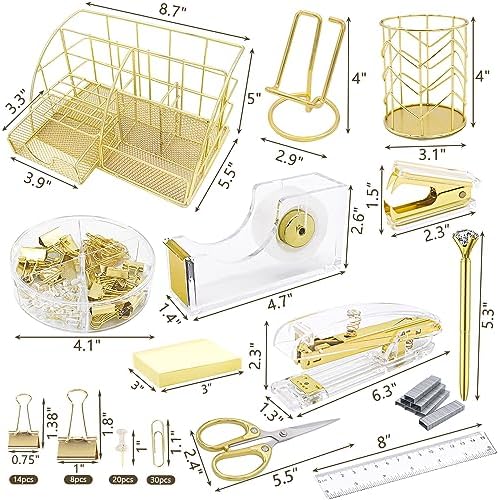 Office Desk Organizers, Gold 13PCS Office Supplies and Accessories Desk Organizer, Acrylic Stapler, Staple Remover, Clips, Scissor, Phone Holder, Pen, Pen Holder - Image 2